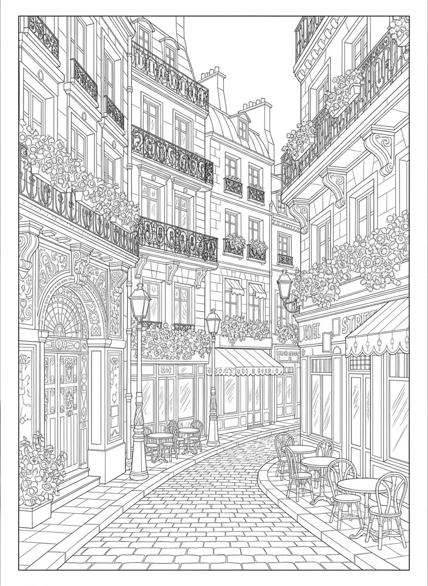 Coloriage adulte moyen ruelle parisienne Belle Époque haussmannien Art Nouveau Paris PDF